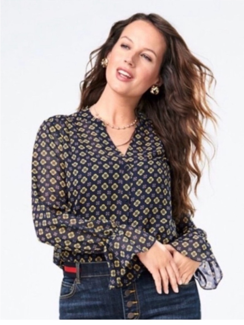 Cabi Mosaic blouse navy blue yellow medallion print sheer pleated flutter cuff